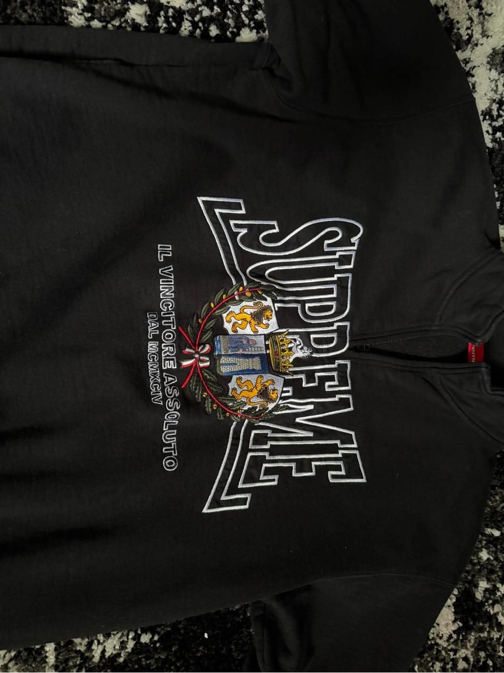Supreme Black Multicolor Embroidered Crest Zip Hoodie